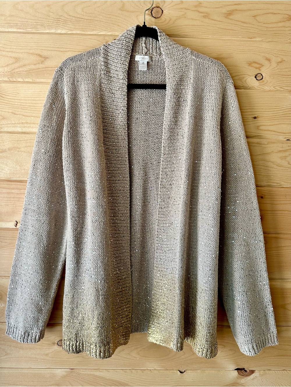 Chico's Beige Gold Metallic Ombré Sequin Open Front Cardigan Size 4 / 20-22